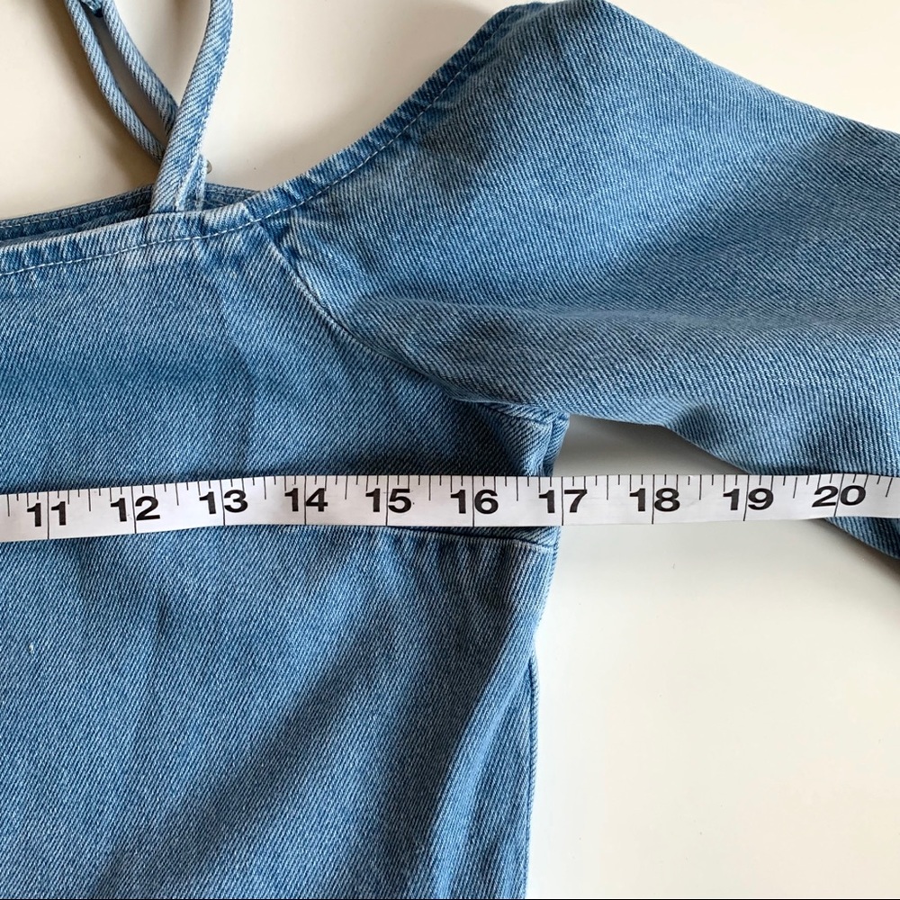 ASOS Dress Denim Off Shoulder Pleated Bell Sleeves - Picture 6 of 7